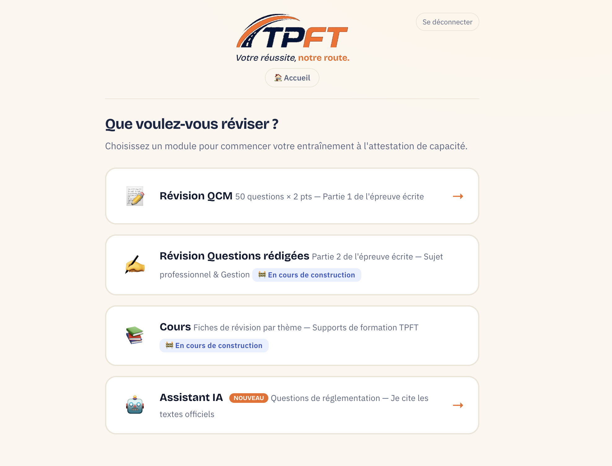 Lire la suite à propos de l’article L&rsquo;application TPFT s&rsquo;enrichit : QCM, Questions Rédigées et Assistant IA pour préparer votre capacité professionnelle